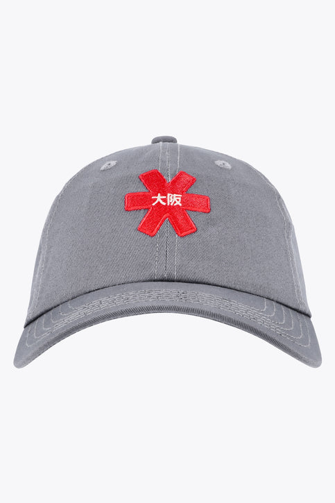 Osaka baseball cap in grey with logo in red. Side view