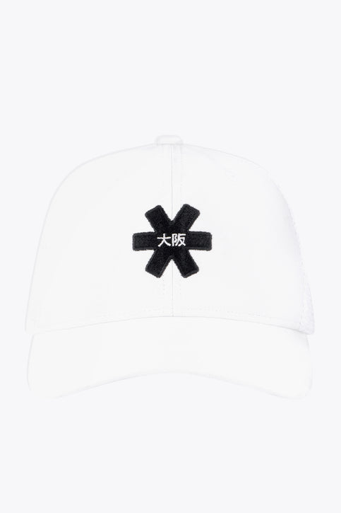 Osaka trucker cap in white with logo in black. Side view