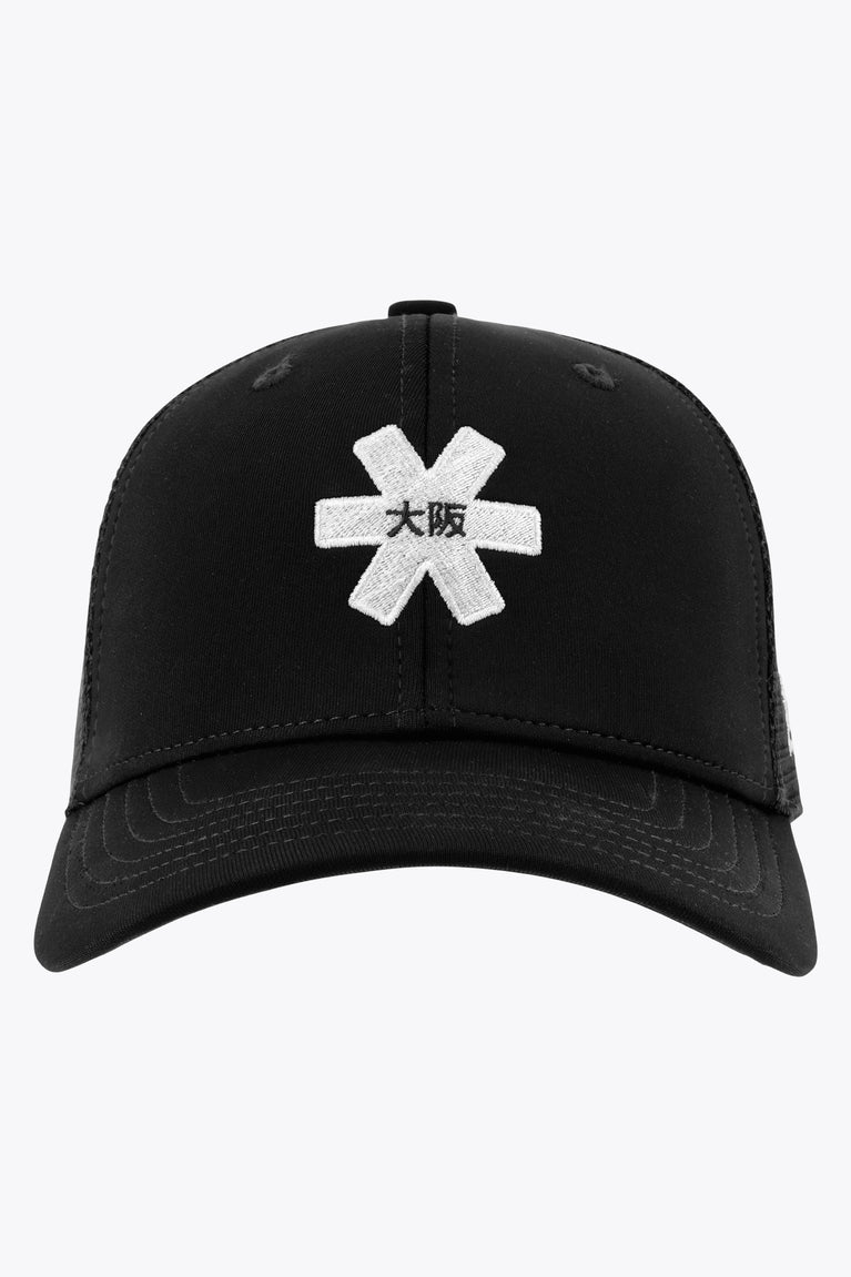 Osaka trucker cap in black with logo in white. Front view