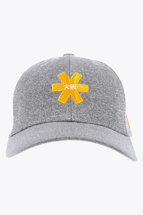 Osaka trucker cap in grey with logo in yellow. Side view