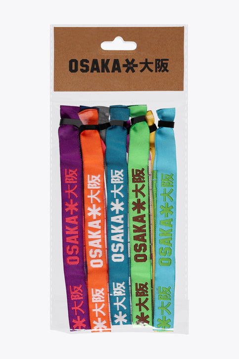 Multicolor woven bracelet set with printed OSAKA text, purple orange green teal