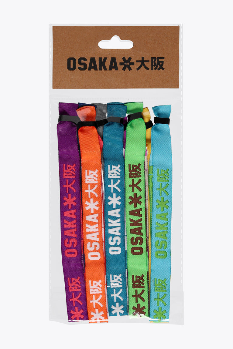 Multicolor woven bracelet set with printed OSAKA text, purple orange green teal
