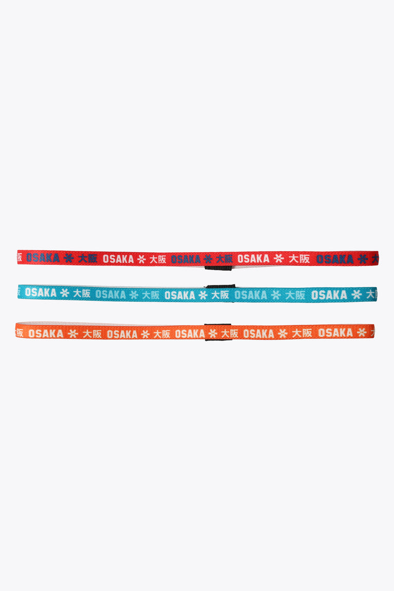 Elastic hairbands, multicolor strip pattern with repeating Osaka text