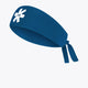 Blue sports bandana with bow tie and small white emblem on front
