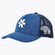 Blue trucker cap with white graphic front and black mesh side panels