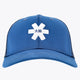 Blue trucker cap back with white cross-style logo and snapback adjuster