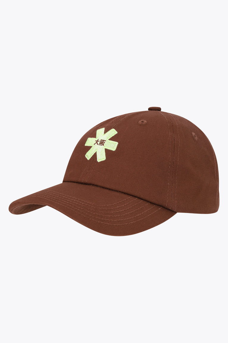 Peppercorn twill baseball cap with embroidered green logo on front