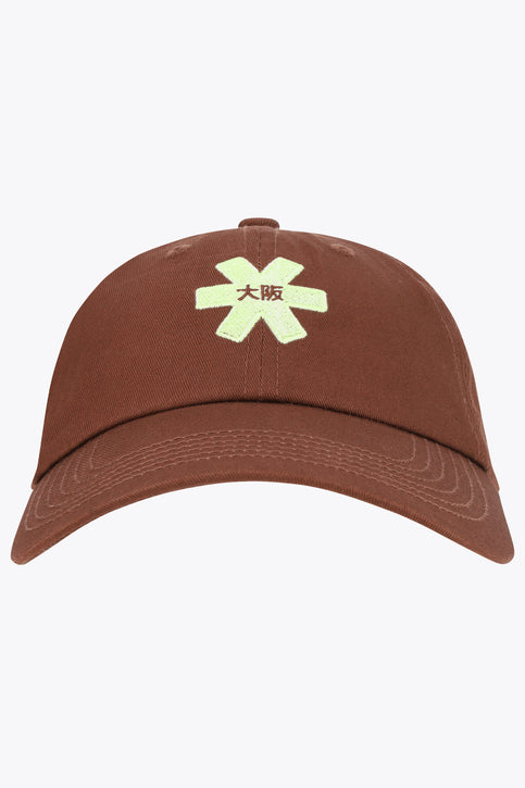 Peppercorn twill baseball cap with embroidered green logo on front