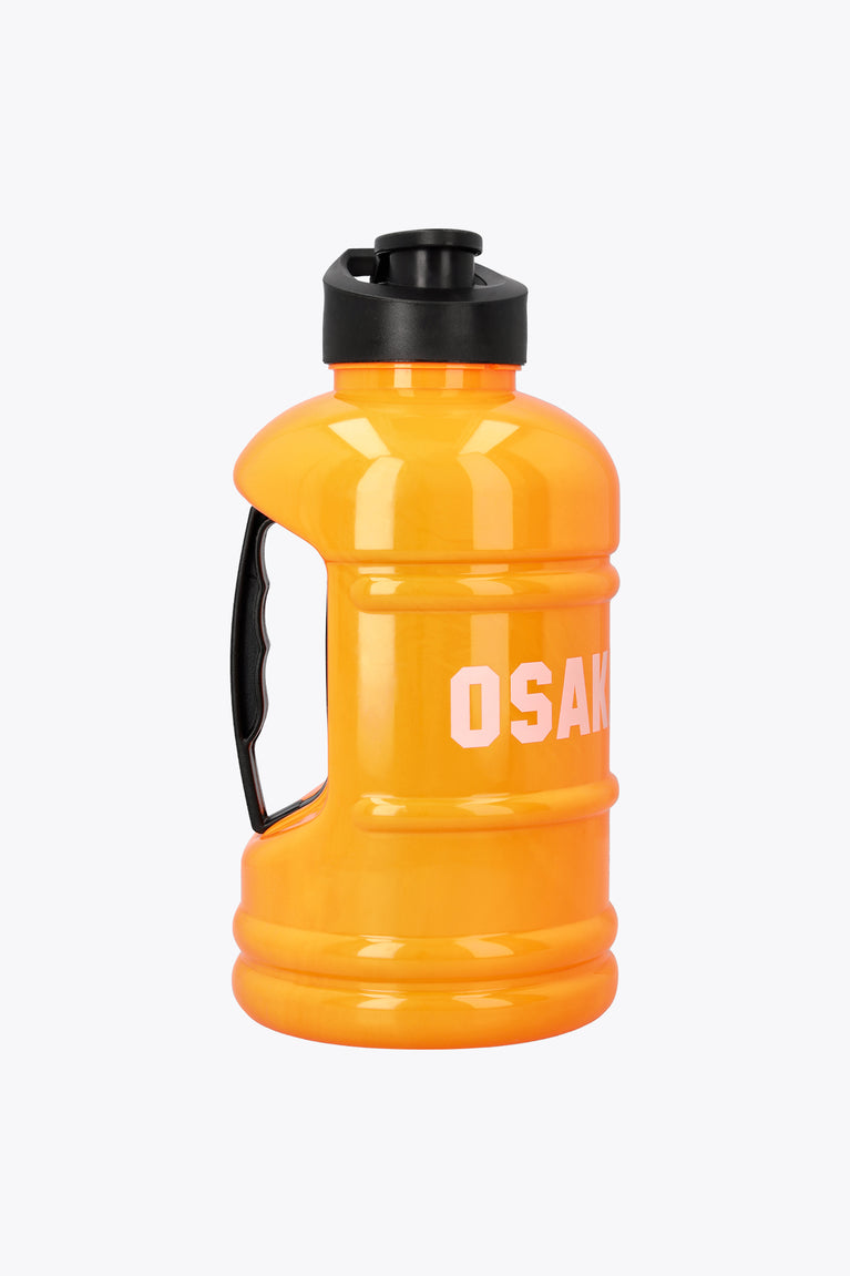 Orange water bottle with black carry loop handle, black flip-top lid, “OSAKA” text