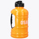 Orange water bottle with black carry loop handle, black flip-top lid, “OSAKA” text