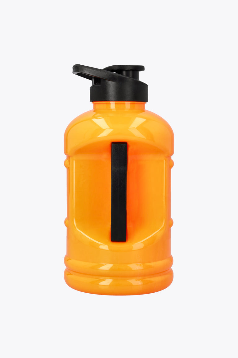 Orange water bottle front view with black flip-top lid and vertical handle slot