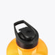 Orange water bottle with black spout and flip-top lid, close-up of cap mechanism