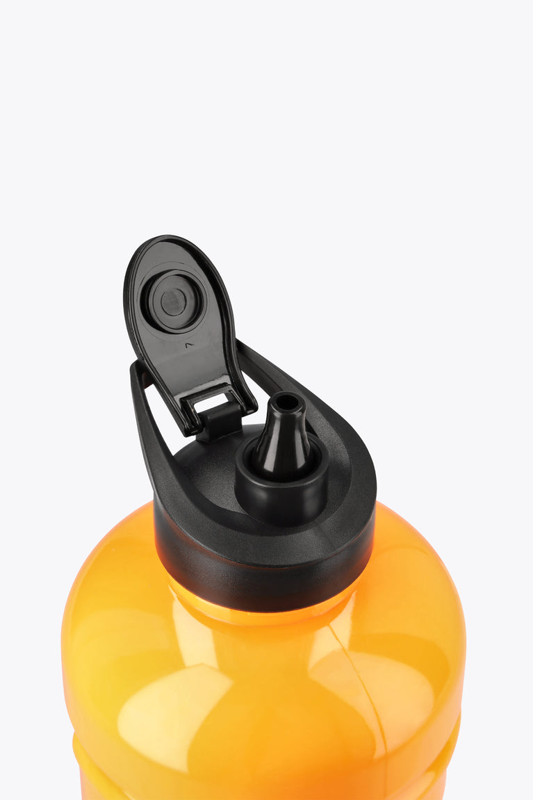 Orange water bottle with black drinking spout and flip-top lid, close-up