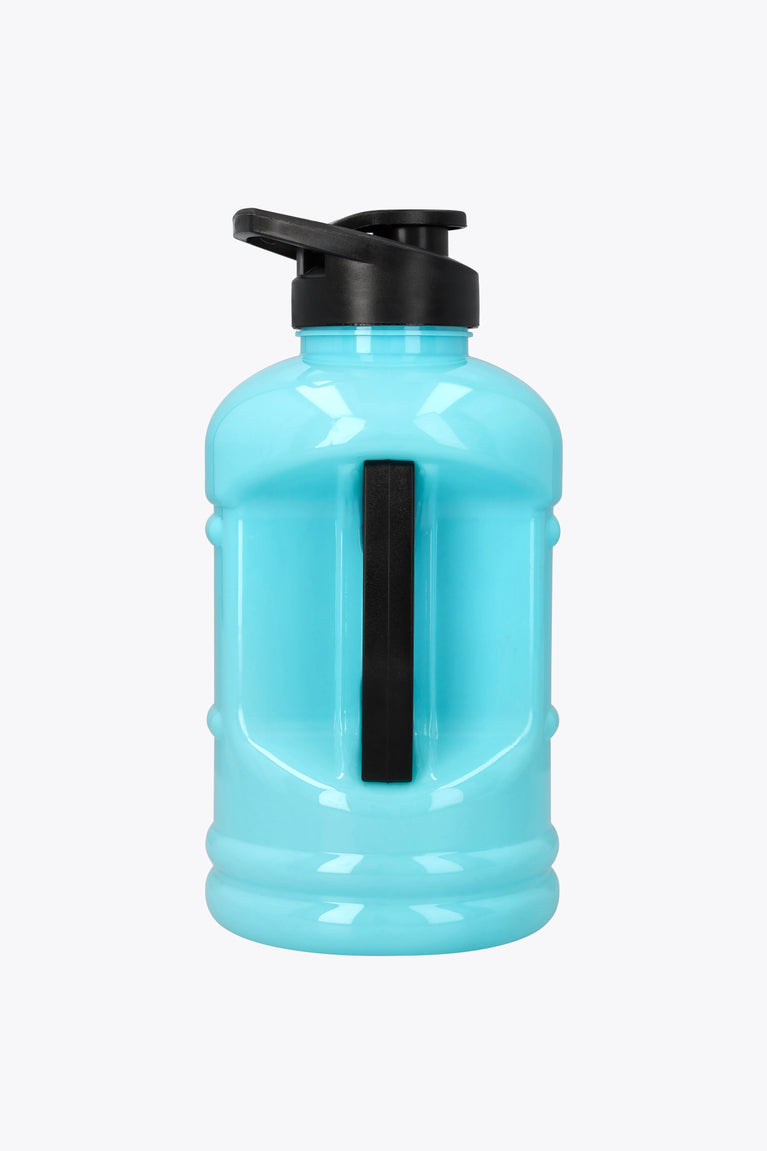 Blue topaz water bottle with black back valve and vertical strap