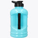 Blue topaz water bottle with black back valve and vertical strap