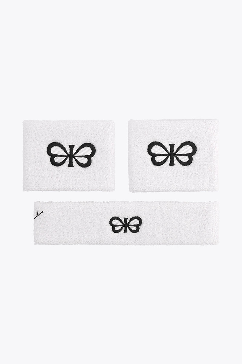 White sweatband set with black logo, three fabric wrist/arm bands