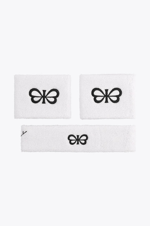 White sweatband set with black logo, three fabric wrist/arm bands