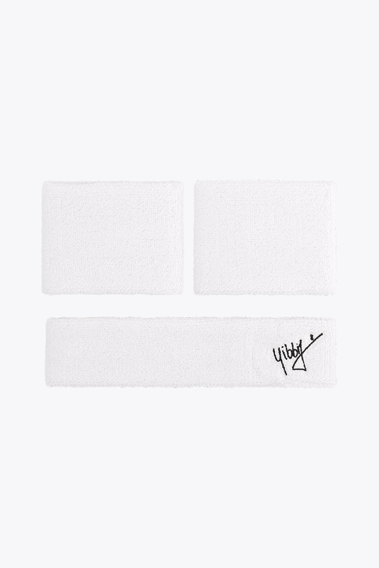 White sweatband set, two square bands and one long band with black logo