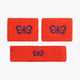 Bright orange sweatband set with blue bow-style logos on three terry straps