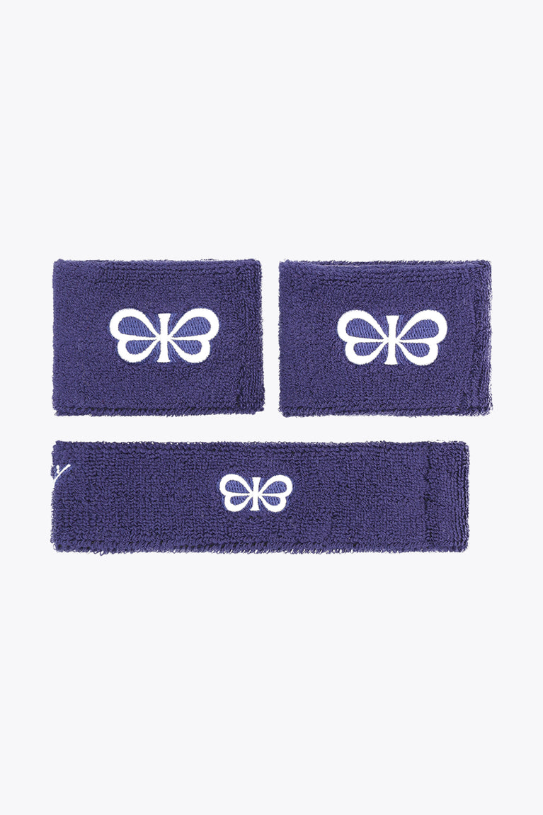Navy terry sweatband set with bow logo, two wristbands and one wide band