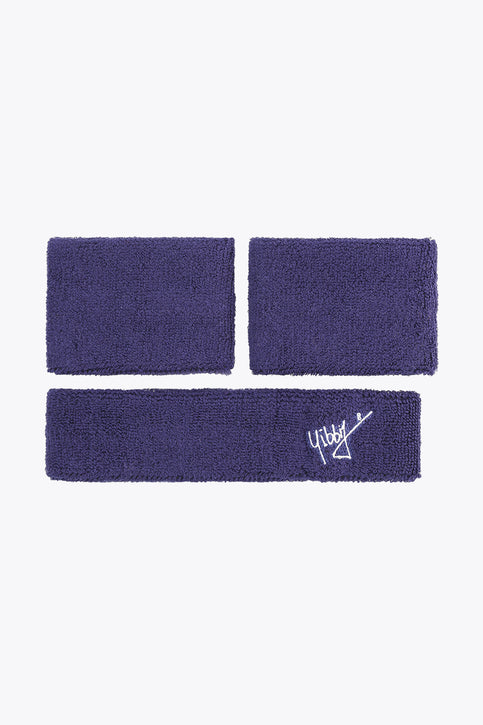 Navy terry sweatband set with bow logo, two wristbands and one wide band