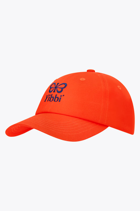 Bright orange twill baseball cap with Yibbi logo on front panel