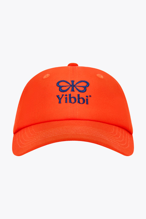 Bright orange twill baseball cap with Yibbi logo on front panel