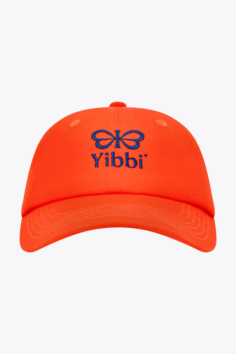 Bright orange twill baseball cap with Yibbi logo on back