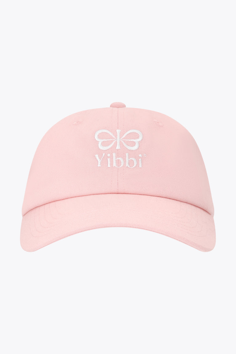 Pastel pink twill cap with centered Yibbi logo on the back