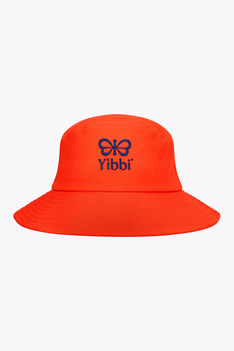 Bright orange bucket hat with Yibbi logo on front