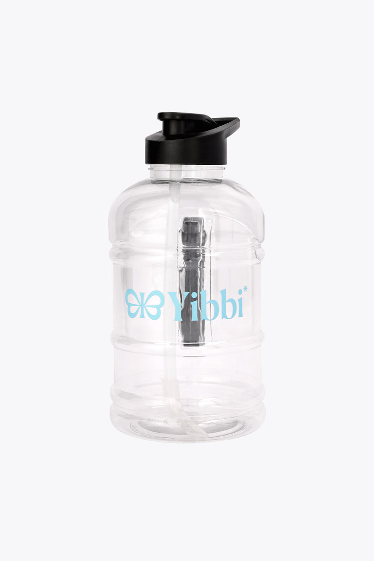 Giga water bottle with black cap and blue logo, clear body