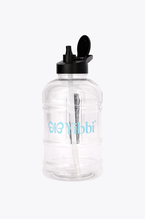 Giga water bottle with black cap and blue logo, clear body