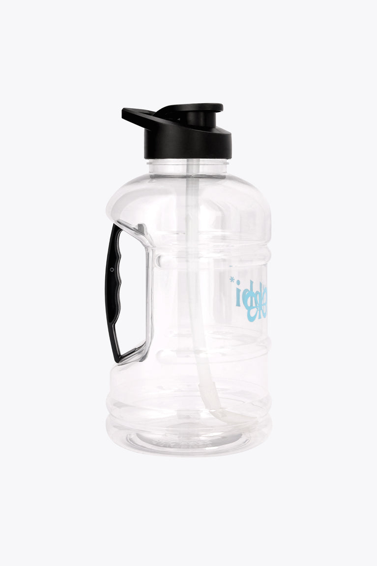 Giga water bottle with side handle and black cap, clear body