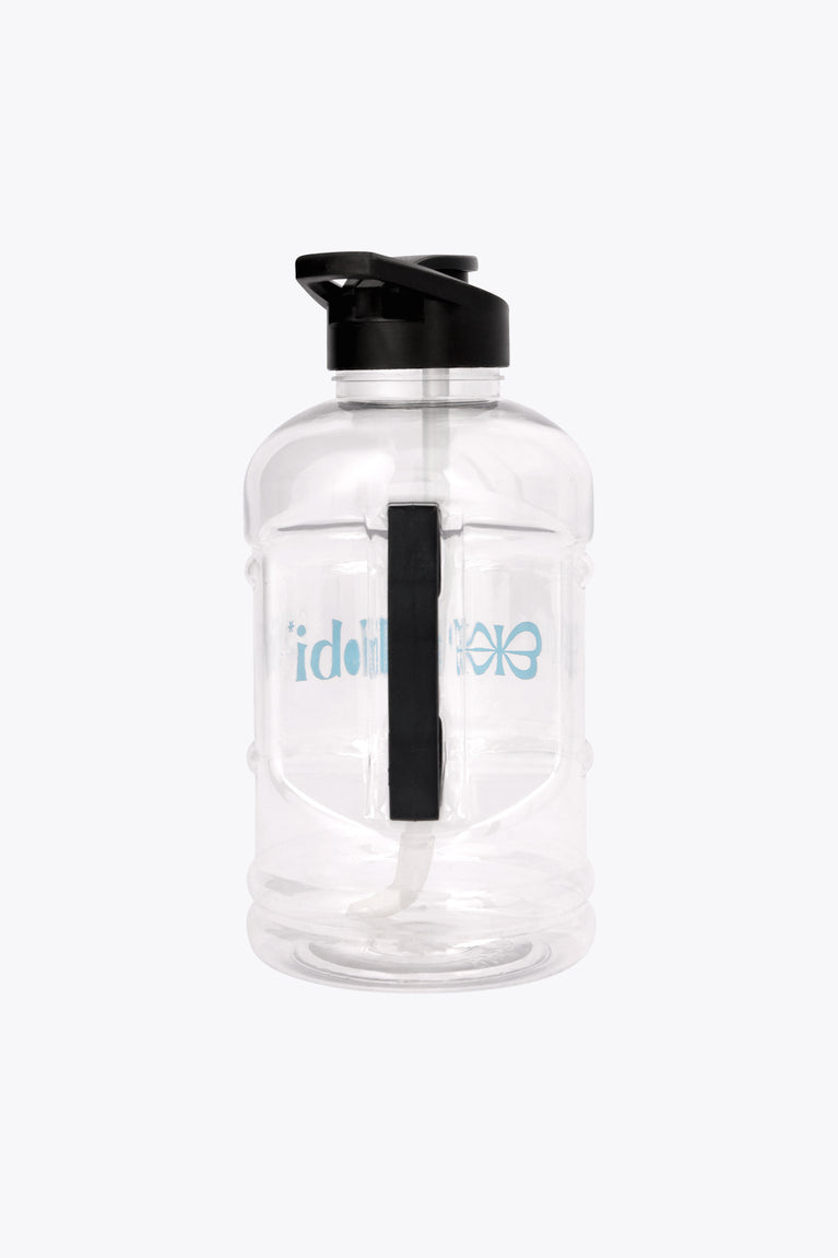 Giga water bottle with black carry strap, clear body and blue logo