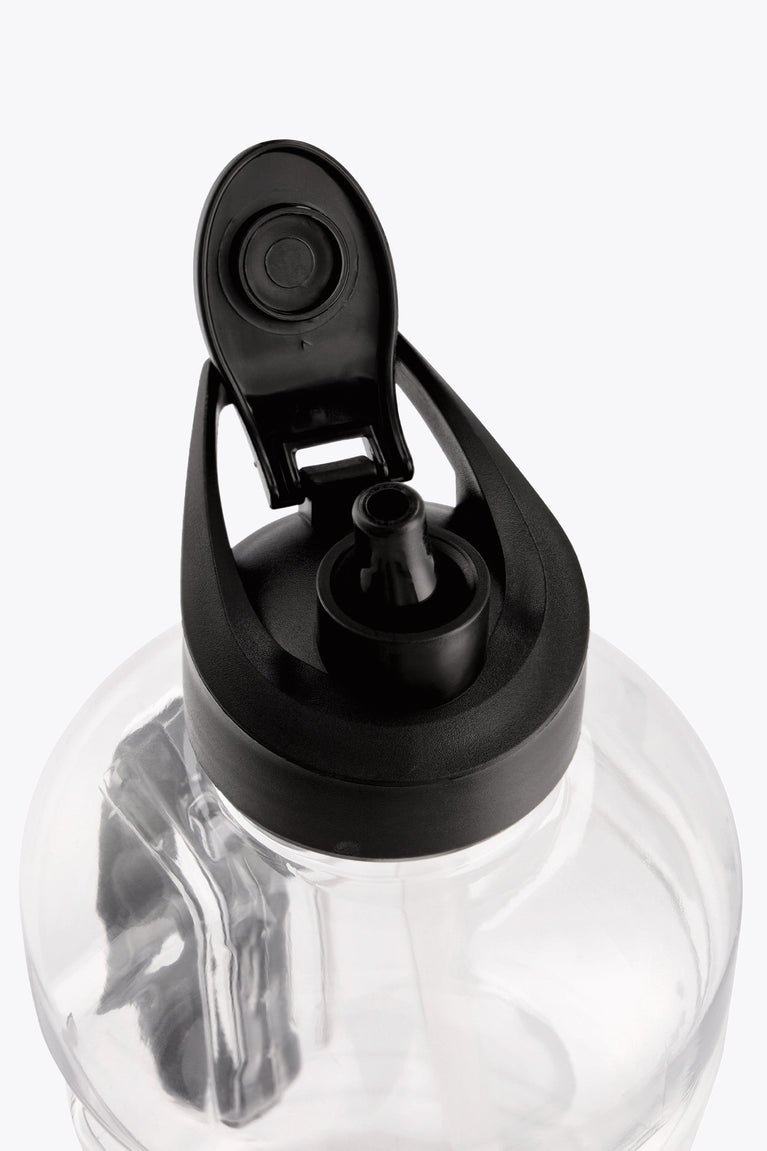 Giga water bottle base with black valve and drinking spout, clear body