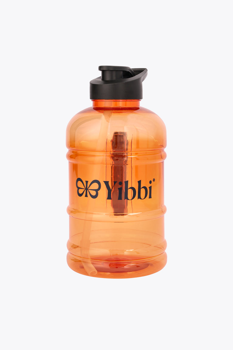 Bright orange translucent water bottle with black flip-top lid