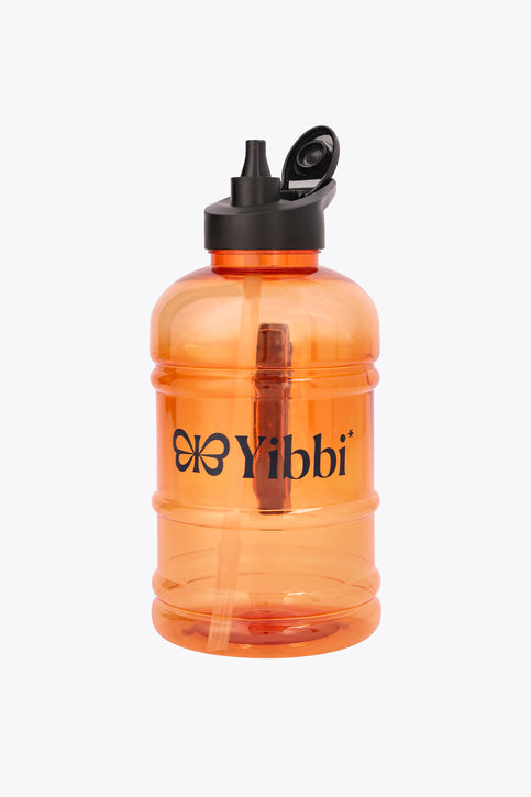 Bright orange translucent water bottle with black flip-top lid