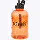 Bright orange translucent water bottle with black carry handle and lid