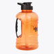 Bright orange translucent water bottle with side carry handle and spout