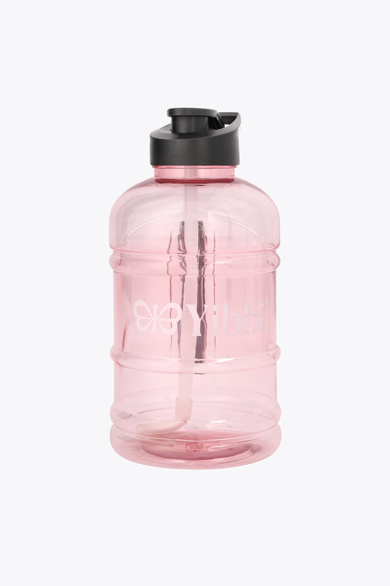 Pastel pink Yibbi water bottle with black screw-top lid, clear body