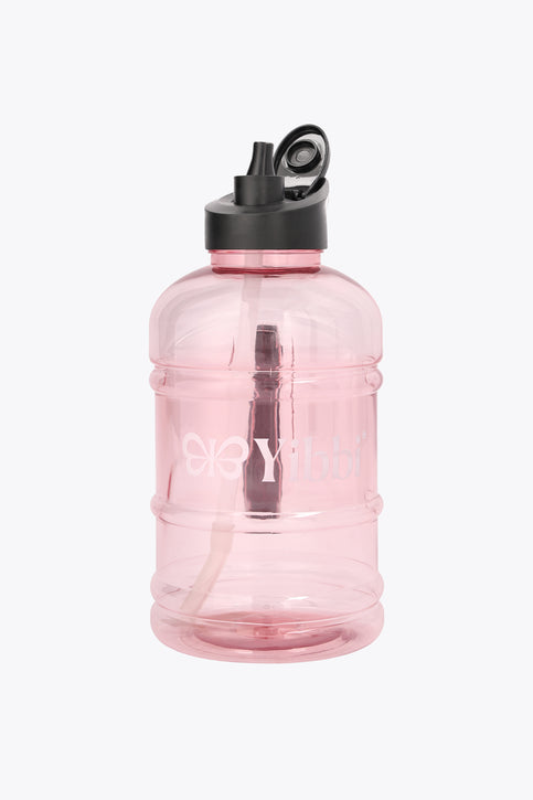 Pastel pink Yibbi water bottle with black screw-top lid, clear body