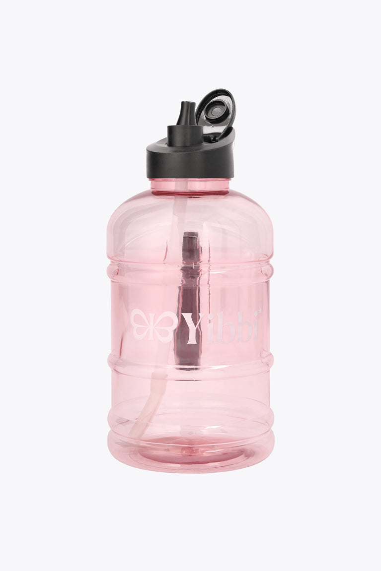 Pastel pink Yibbi water bottle with black lid and flip spout, clear body