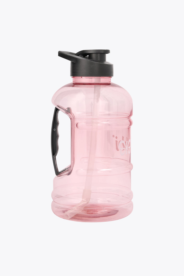 Pastel pink water bottle with black carry handle and side spout, clear body