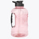 Pastel pink water bottle with black carry handle and side spout, clear body