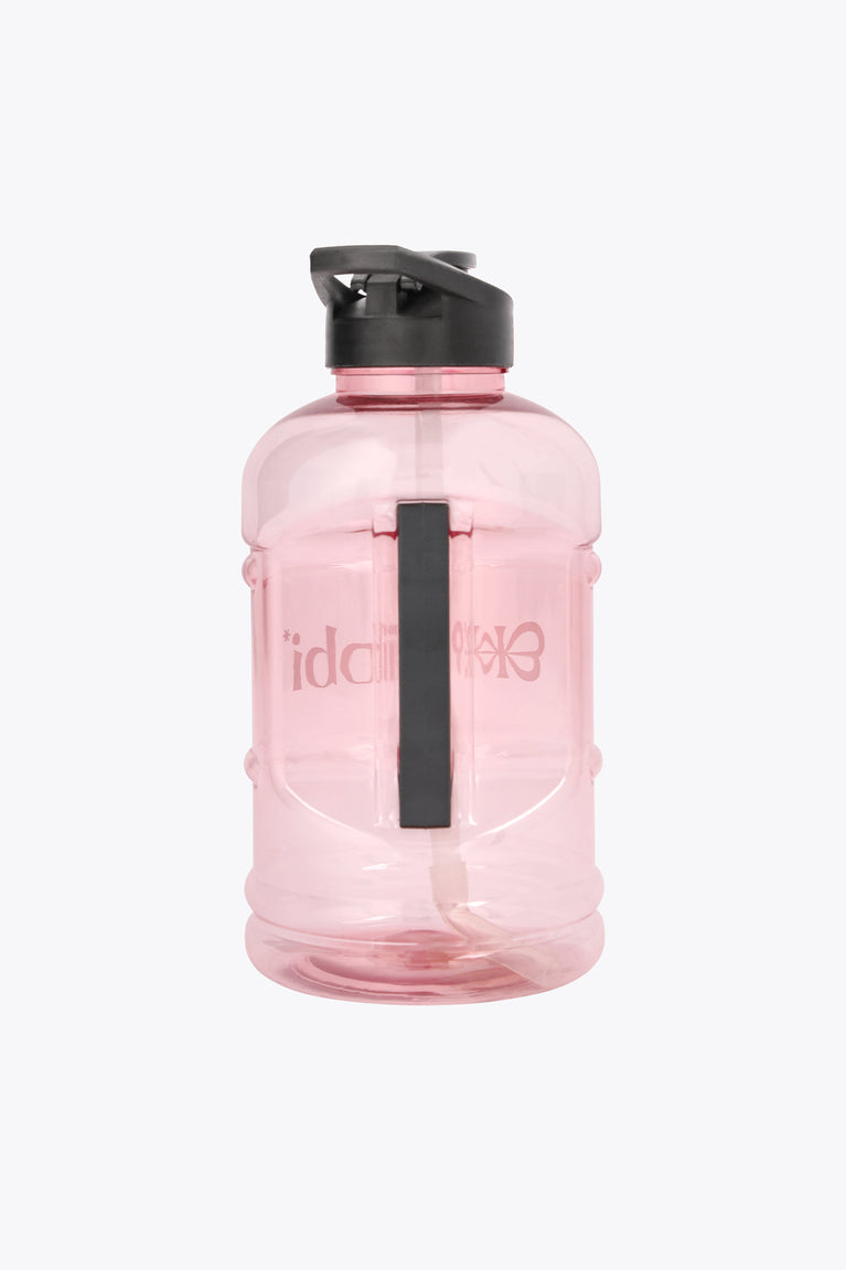 Pastel pink water bottle with black spout and handle, clear body