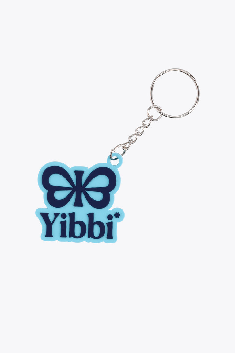 Energetic Blue butterfly character keychain charm with Yibbi lettering, split ring chain