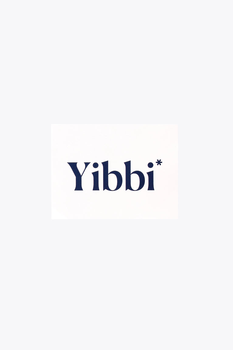 Yibbi text tattoo in blue on white square