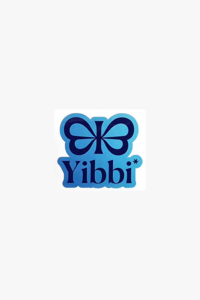 Light blue Yibbi sticker with bow logo and Yibbi text