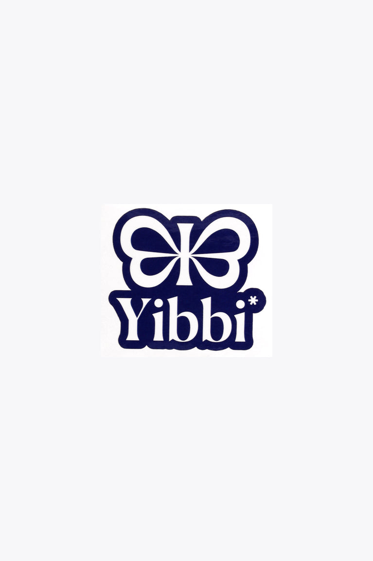 Navy and white Yibbi sticker with bow logo and Yibbi text