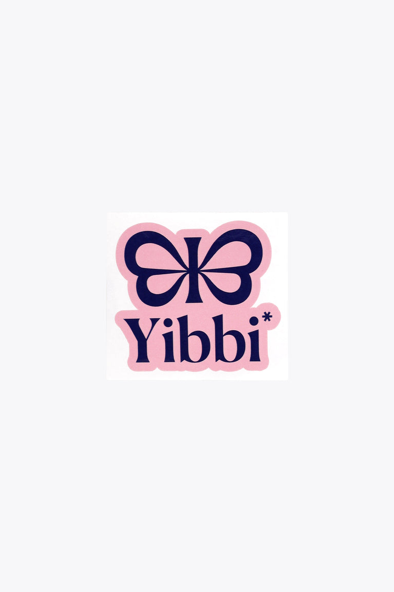 Pink Yibbi sticker with bow logo and Yibbi text